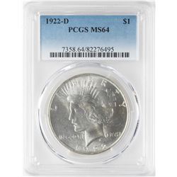 1922-D $1 Peace Silver Dollar Coin PCGS MS64
