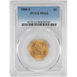 1886-S $5 Liberty Head Half Eagle Gold Coin PCGS MS62