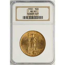 1922 $20 St. Gaudens Double Eagle Gold Coin NGC MS63