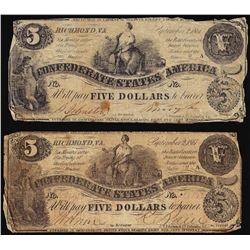 Lot of (2) 1861 $5 Confederate States of America Notes