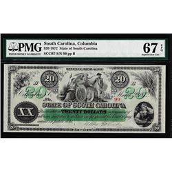 1872 $20 State of South Carolina Obsolete Note PMG Gem Unc. 67EPQ Low Serial Number