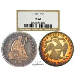 1890 Proof Seated Liberty Quarter Coin NGC PF64 Amazing Color