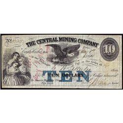 1864 $10 Central Mining Company Eagle Harbor, Michigan Obsolete Note