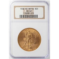 1908 No Motto $20 St. Gaudens Double Eagle Gold Coin NGC MS62