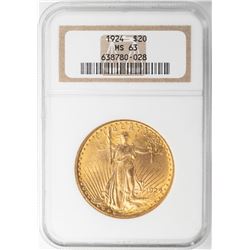1924 $20 St. Gaudens Double Eagle Gold Coin NGC MS63