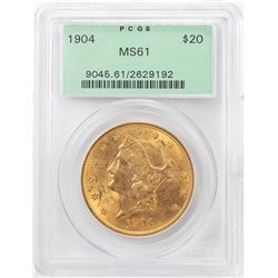 1904 $20 Liberty Head Double Eagle Gold Coin PCGS MS61 Old Green Holder