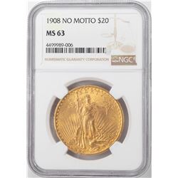 1908 No Motto $20 St. Gaudens Double Eagle Gold Coin NGC MS63