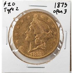 1873 $20 Type 2 Open 3 Liberty Head Double Eagle Gold Coin