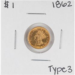 1862 Type 3 $1 Indian Princess Head Gold Dollar Coin