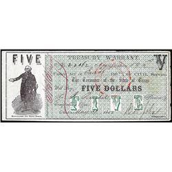 1862 $5 Treasury Warrant State of Texas Obsolete Note