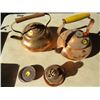 LOT OF 2 KETTLES, 4 COASTERS, LAMP BASE (ALL COPPER)
