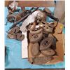 LARGE LOT OF SAD IRONS, WEIGHTS, STOVE PARTS ETC