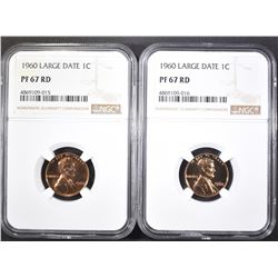 2-1960 LARGE DATE LINCOLN CENTS, NGC PF-67 RED