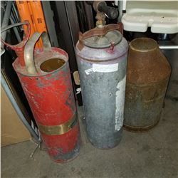 LOT OF 2 ANTIQUE FIRE EXTINGUISHERS, STEEL JUG, AND GREY EXTINGUISHERS