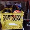 Image 1 : ORANGE AND YELLOW CRATE OF TAPE AND TAPE CUTTERS