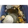 Image 3 : TOTE OF STEINS, BRASS PEDSTAL BOWL AND VASE, AND LEADED GLASS CLOCK