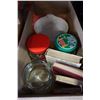 Image 2 : BOX OF PYREX, BEAR JARS, AND VINTAGE HARDCOVERS INCLUDING EDGAR ALLAN