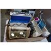Image 1 : BOX OF BEAUTY PRODUCTS, BATHROOM SCALE, MIRROR, AND CASE