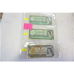 LAST 3 ISSUES CANADIAN $1 BILL 1954, 73, 67