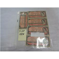 5, 2 DOLLAR BILLS 1954