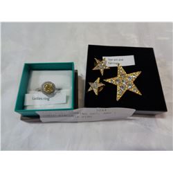 STAR PIN, EARRING SET, AND 1 CUBIC ZIRCONIA RING