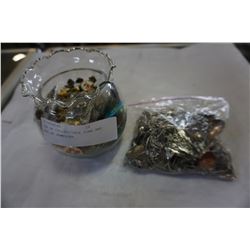 JAR OF COLLECTIBLE PINS AND BAG OF JEWELLRY