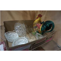 ROOSTER TEAPOT, WINE GLASSES, DECANTER, AND ASHTRAY