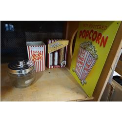 CERAMIC POPCORN BUCKET, SEASONING SET, AND TIN SIGN