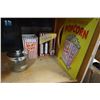 Image 1 : CERAMIC POPCORN BUCKET, SEASONING SET, AND TIN SIGN
