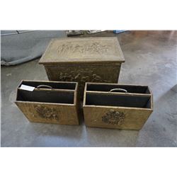 2 BRASS OVER WOOD MAGAZINE RACKS AND BRASS OVER WOOD FIRE BOX