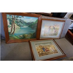 2 NEEDLE POINT PICTURES AND OIL PAINTING