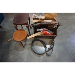 MAGAZINE RACK, DVD PLAYER, FIRE EXTINGUISHER, MILKING STOOL, LIFTING BELTS, AND PROJECTOR TABLE