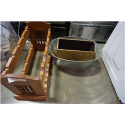 GALVANIZED TUB, BRASS FIREBOX AND PLATTER AND WOOD RACKOOD