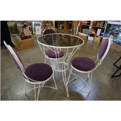 WHITE METAL GLASS TOP PATIO TABLE W/ 3 CHAIRS