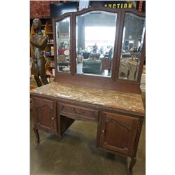 ANTIQUE WOOD DRESSER W/ MARBLE TOP AND FOLDING MIRRORS