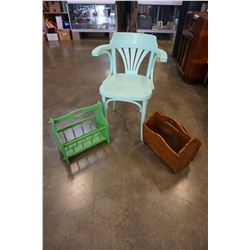PAINTED CHAIR AND 2 MAGAZINE RACKS