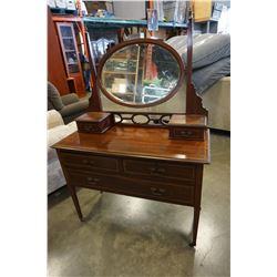 ANTIQUE VANITY DESK W/ SWIVEL MIRROR ON WHEELS