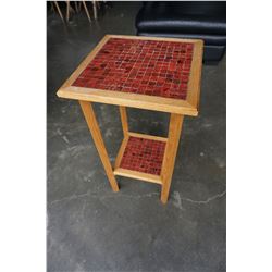 RED TILE TOP 2 TIER STAND AND GLASS TOP END TABLE