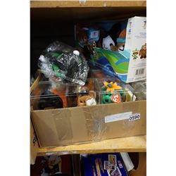 BOX OF HALLOWEEN BEANIE BABIES IN CASES AND VANCOUVER 2010 MASCOT STUFFY