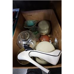 BOX OF DECORATIVE HOUSEWARES AND MCCOY POTTERY VASE