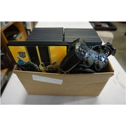 PS2 CABELS, CONTROLLER, AND 20 GAMES