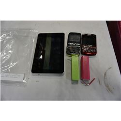 ACER TABLET, 2 PORTABLE POWER BANKS, AND 2 BLACK BERRYS