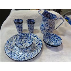 NEW REPRO ENAMEL JUG, DISH, BOWLS, AND CUPS