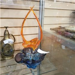 ORANGE CHALET ART GLASS DISH AND BLUE ART GLASS DISH