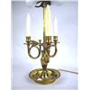 BRASS THREE LIGHT BOUILLOTE LAMP WITH TOLE SHADE,
