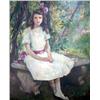 AN OIL ON CANVAS Portrait of a young girl in a wh
