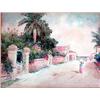 A WATERCOLOR Depicting a tropical streetscape wit