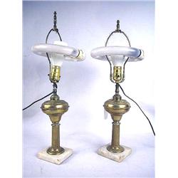 TWO NEARLY IDENTICAL BRASS AND MARBLE FLUID LAMPS