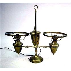 A GOOD BRASS TWO-LIGHT STUDENT LAMP 25"h