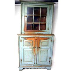 A BLUE-PAINTED PINE CORNER CUPBOARD 7'h x 43 w x 